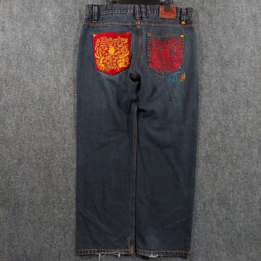 Coogi Embroidered Parrot Jeans Mens 36x32 Blue Dark Wash Relaxed Straight Denim
